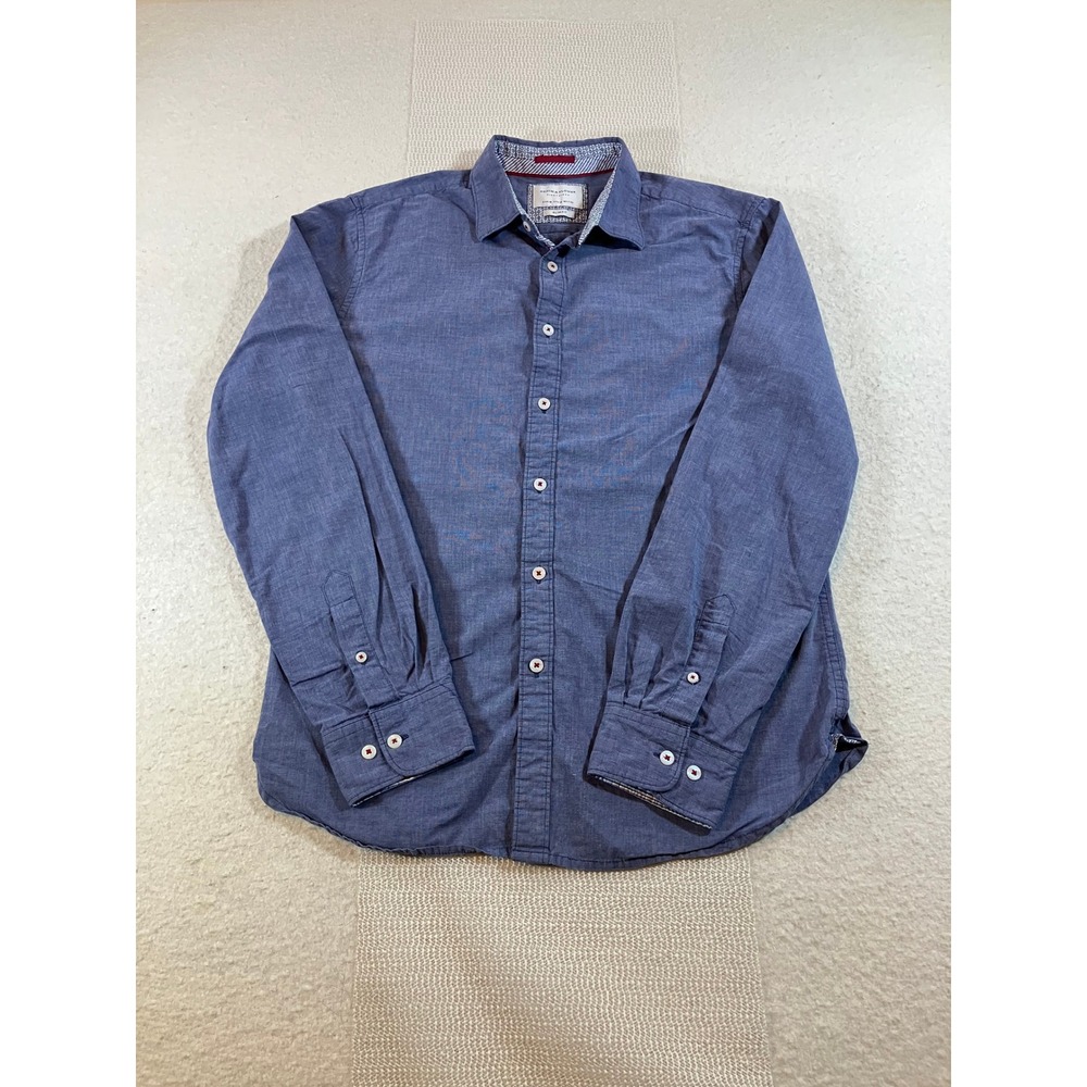 Denim & Flower Mens Navy Blue Long Sleeve Button Up Shirt Slim Fit Size Medium